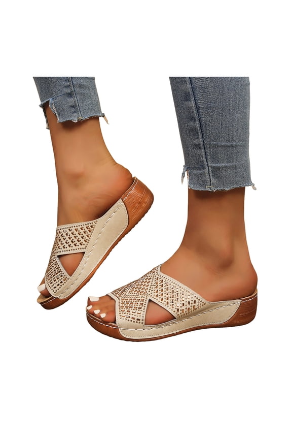 Womens Metallic Glitter Orthopetic Platform Wedges Walking Slides Sandals Fashion Comfortable Leather Crooss Band Chunky Mid Heel Casual Beach Dress Slip on Summer Shoes White Size 9.5