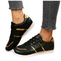 Rokment Womens Metallic Gold Low Top Fashion Sneakers Trendy Casual Leather Running Walking Tennis Flat Shoes Black Size 6