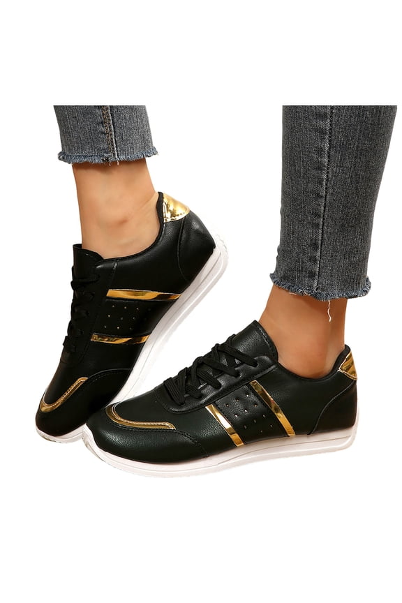 Womens Metallic Gold Low Top Fashion Sneakers Trendy Casual Leather Running Walking Tennis Flat Shoes Black Size 6