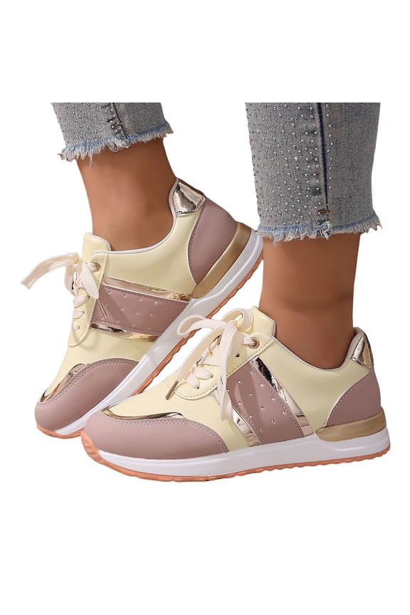 Womens Metallic Gold Platform Wedge Walking Shoes Fashion Comfortable Leather Color Block Non Slip Work Sneakers Spring Fall Beige Size 9