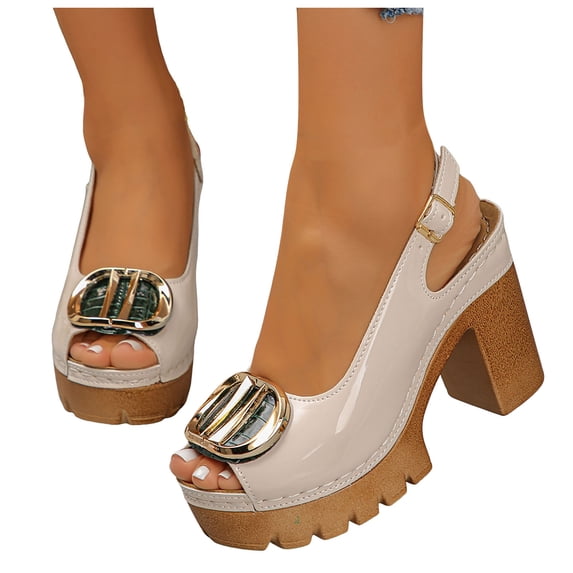 Rokment Womens Metallic High Heels Platform Dress Sandals for Ladies 2026 Summer Fashion Gold Leather Chunky Block Heeled Slingback Sandals Beige Size 6.5