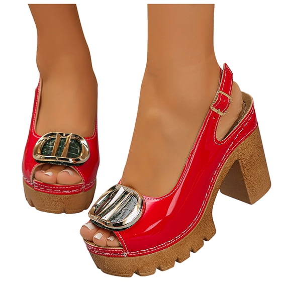 Rokment Womens Metallic High Heels Platform Dress Sandals for Ladies 2026 Summer Fashion Gold Leather Chunky Block Heeled Slingback Sandals Red Size 9