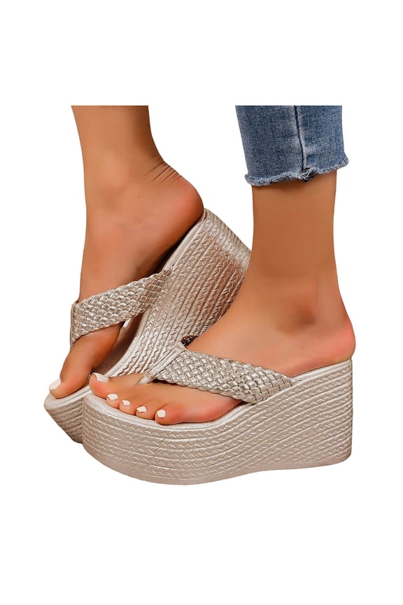 Womens Metallic Orthopedic Platform Wedge Flip Flops Dress Sandals 2026 Summer Beach Fashion Leather Chunky High Heels Slip on Casual Heeled Dress Thongs Slides Gold Size 9.5