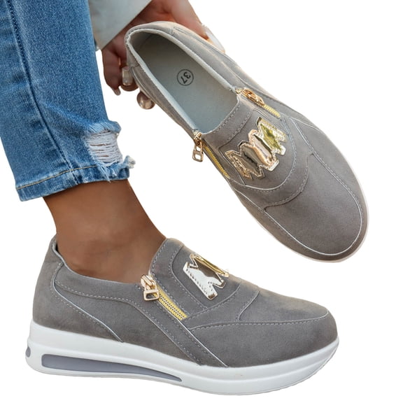 Rokment Womens Metallic Platform Walking Nursing Shoes with Zipper Fall Fashion Casual Suede Chunky Height Increasing Non Slip Work Sneakers Grey Size 9.5