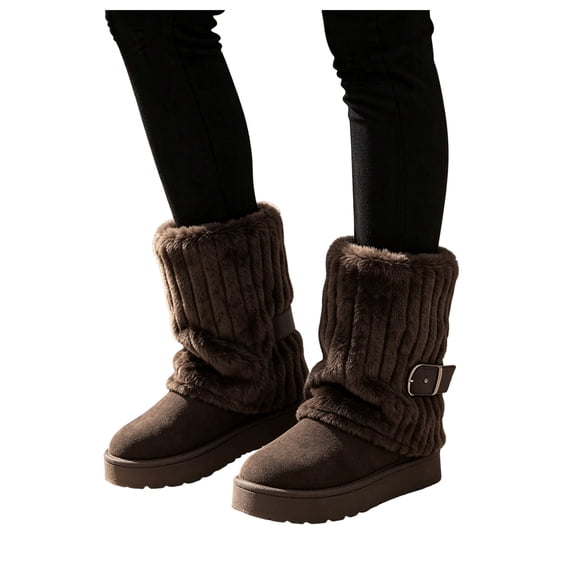 Rokment Womens Mid Calf Platform Snow Boots Fashion Winter Warm Suede Fleece Patchwork Foldover Chunky Flatform Dress Booties Cold Weather