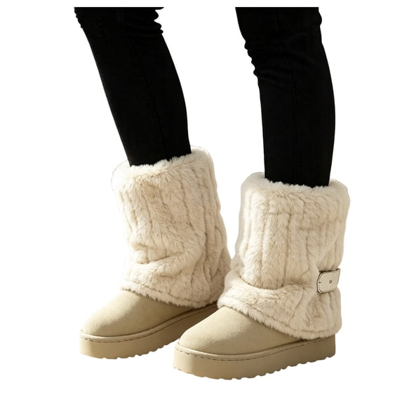 Rokment Womens Mid Calf Platform Snow Boots Fashion Winter Warm Suede Fleece Patchwork Foldover Chunky Flatform Dress Booties Cold Weather