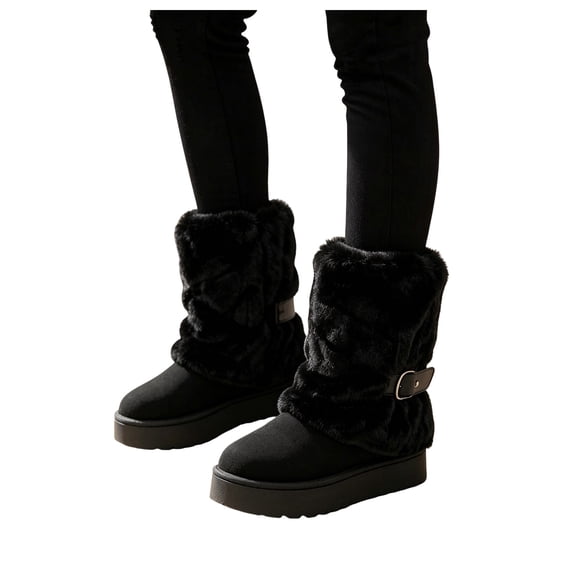 Rokment Womens Mid Calf Platform Snow Boots Fashion Winter Warm Suede Fleece Patchwork Foldover Chunky Flatform Dress Booties Cold Weather