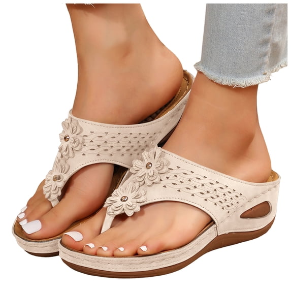 Rokment Womens Orthopedic Arch Support Flip Flops 2026 Summer Beach Casual Flower Leather Platform Wedge Thongs Slip on Backless Dress Sandals with Massage Sole Beige Size 6.5