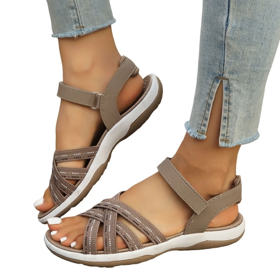Rokment Womens Orthopedic Arch Support Walking Sandals Comfortable Open Toe Ankle Strap Memory Foam Platform Low Heel Non-Slip Nursing Work Summer Shoes Khaki Size 7.5
