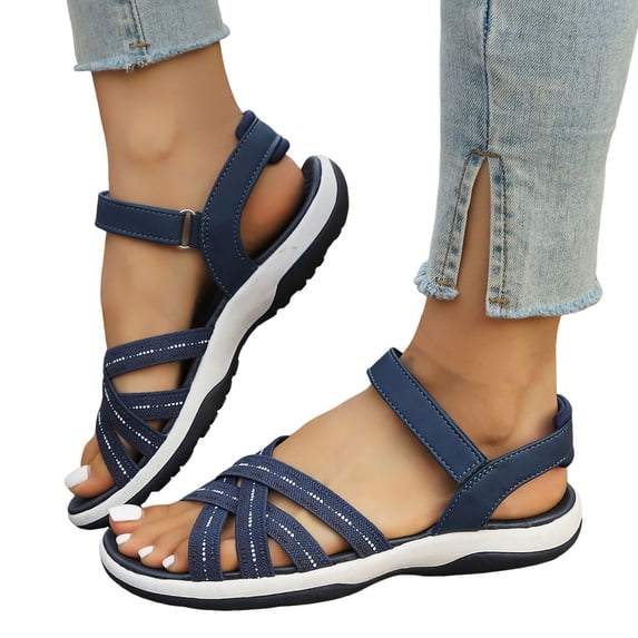 Rokment Womens Orthopedic Arch Support Walking Sandals Comfortable Open Toe Ankle Strap Memory Foam Platform Low Heel Non-Slip Nursing Work Summer Shoes Blue Size 6