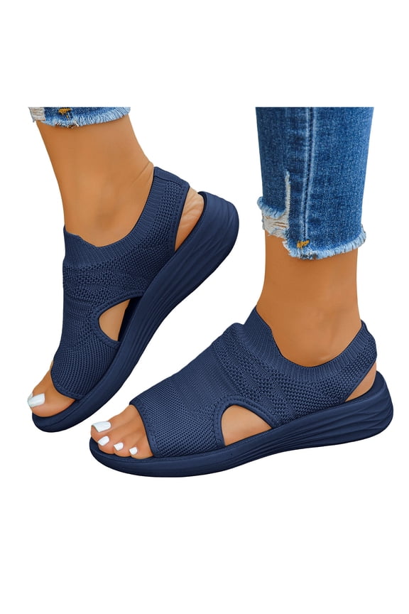 Womens Orthopedic Arch Support Walking Sandals Comfortable Stretchy Mesh Slip on Sock Memory Foam Driving Nursing Beach Summer Shoes for Plantar Fasciitis Dark Blue Size 7