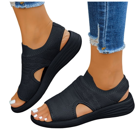 Rokment Womens Orthopedic Arch Support Walking Sandals Comfortable Stretchy Mesh Slip on Sock Memory Foam Driving Nursing Beach Summer Shoes for Plantar Fasciitis Black Size 6.5