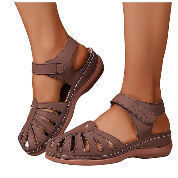 Rokment Womens Orthopedic Closed Toe Sandals Comfortable Vintage Leather Openwork Arch Support Platform Wedge Gladiator Walking Summer Shoes Boho Beach 2026 Coffee Size 9.5