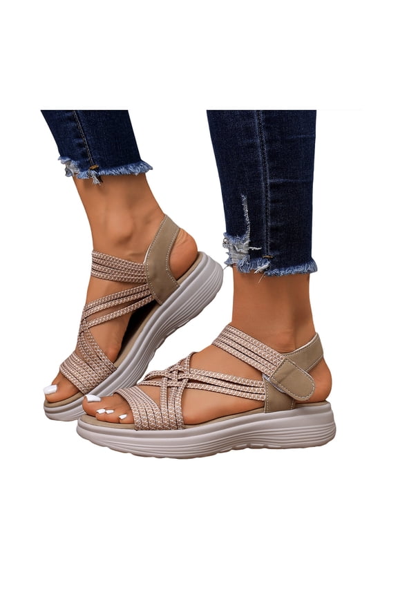 Womens Orthopedic Cushioned Athletic Walking Sandals Comfortable Elastic Strappy Memory Foam Arch Support Platform Nursing Non Slip Work Summer Shoes with Adjustable Ankle Strap Khaki Size 9