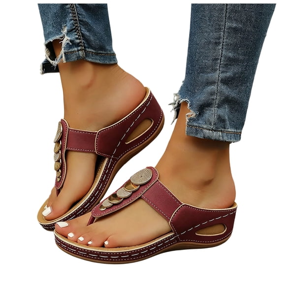 Rokment Womens Orthopedic Flip Flops Bohemian Beach Comfortable Arch Support Wedge Slip on with Arch Support for Woman Walking Summer Casual Platform Dress Backless Sandals Wine Size 7.5