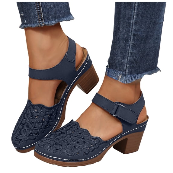 Rokment Womens Orthopedic High Heels Dressy Sandals 2026 Boho Beach Flower Embroidered Hollow out Leather Closed Toe Ankle Strap Chunky Block Heeled Platform Shoes Summer Fall Blue Size 7