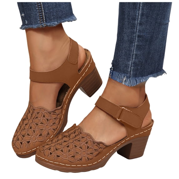 Rokment Womens Orthopedic High Heels Dressy Sandals 2026 Boho Beach Flower Embroidered Hollow out Leather Closed Toe Ankle Strap Chunky Block Heeled Platform Shoes Summer Fall Brown Size 6.5