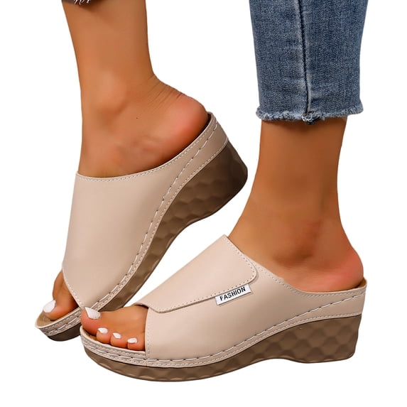 Rokment Womens Orthopedic High Heels Dressy Sandals Comfortable Arch Support Wedge Heeled Slip on Fashion Casual Leather Open Toe Platform Wedge Walking Dress Slides Summer Shoes Beige Size 6