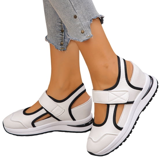 Rokment Womens Orthopedic Platform Wedge Walking Sandals Spring Summer Fall Comfortable Casual Leather Color Block Closed Toe Running Fashion Sneakers Beach Mary Jane Dress Shoes Beige Size 5.5