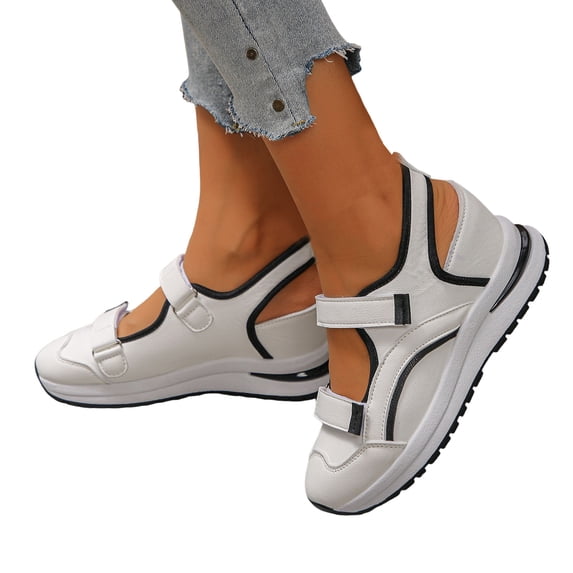 Rokment Womens Orthopedic Platform Wedge Walking Sandals Spring Summer Fall Comfortable Casual Leather Color Block Closed Toe Running Fashion Sneakers Beach Mary Jane Dress Shoes White Size 7.5
