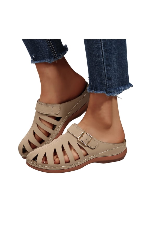 Womens Orthopedic Platform Wedges Gladiator Clogs Slipper Walking Sandals Comfortable Leather Closed Toe Hollow out Mid Heel Mules Dress Slip-on Slides Khaki Size 8.5
