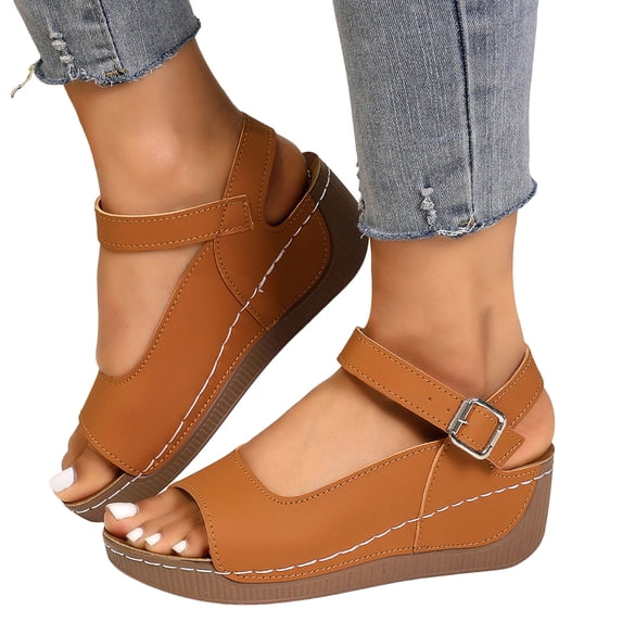 Rokment Womens Orthopedic Platform Wedges Walking Sandals 2026 Summer Fashion Casual Comfortable Leather Ankle Strap Chunky High Heel Non Slip Work Beach Dress Sandals Brown Size 6