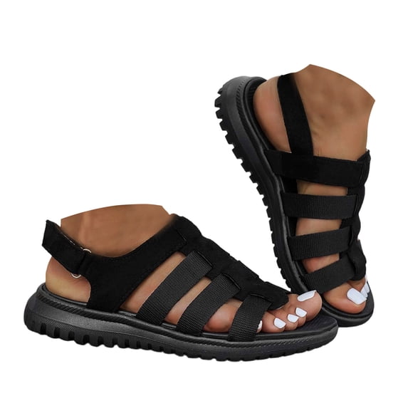 Rokment Womens Orthopedic Walking Sandals with Adjustable Back Straps Comfortable Beach Casual Arch Support Open Toe Athletic Gladiator Non Slip Work Summer Shoes Black Size 5.5