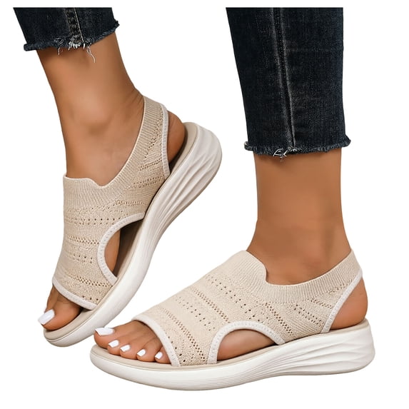 Rokment Womens Orthopedic Walking Sandals with Arch Support Lightweight Comfortable Elastic Mesh Open Toe Memory Foam Slip on Workout Sneakers Summer Shoes for Tennis Hiking Beige Size 6