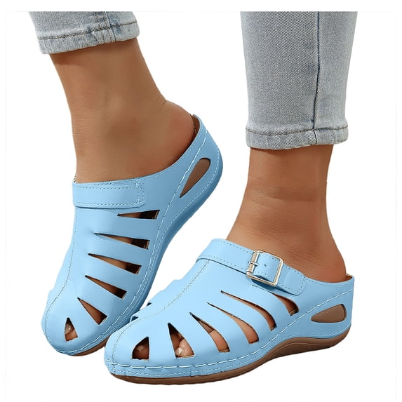 Rokment Womens Orthopedic Wedges Clogs Fisherman Sandals Boho Beach Vintage Buckles Leather Closed Toe Arch Support Platform Walking Mules Gladiator Backless Slip on Slides Summer Sky Blue Size 8