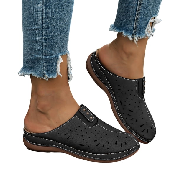 Rokment Womens Orthopedic Wedges Walking Clogs and Mules Sandals with Arch Support Comfortable Beach Casual Leather Hollow out Closed Toe Platform Low Heels Slip on Slides Black Size 6
