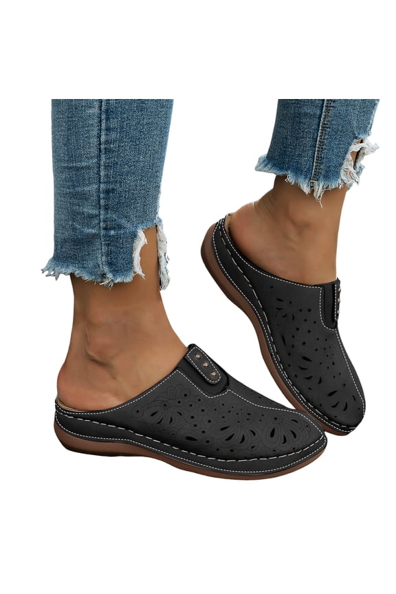 Womens Orthopedic Wedges Walking Clogs and Mules Sandals with Arch Support Comfortable Beach Casual Leather Hollow out Closed Toe Platform Low Heels Slip on Slides Black Size 8
