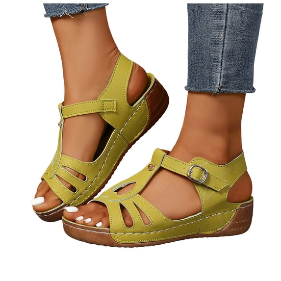Rokment Womens Orthopedic Wedges Walking Gladiator Sandals Comfortable Fashion Casual Leather Platform Arch Support Orthotic Chunky Mid Heel Beach Summer Shoes Green Size 6.5