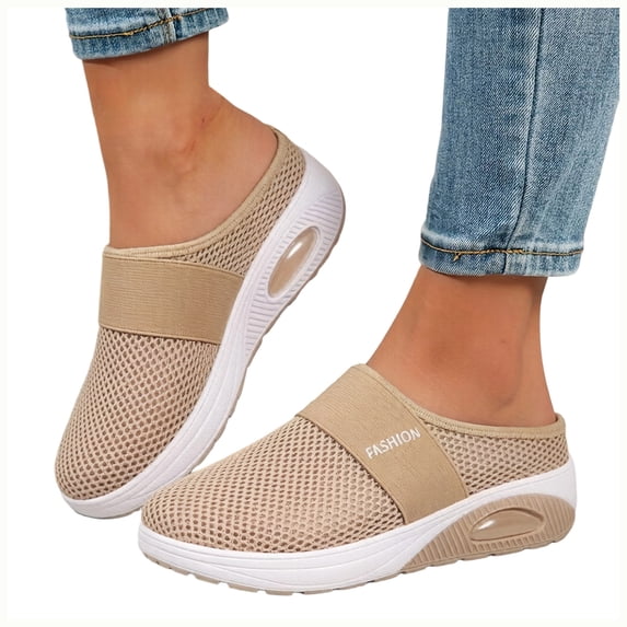 Rokment Womens Orthotic Air Cushion Chunky Walking Backless Sandals Comfort Breathable Mesh Closed Toe Platform Wedge Slip on Mules Non Slip Work Nursing Clogs Casual Shoes Khaki Size 8.5