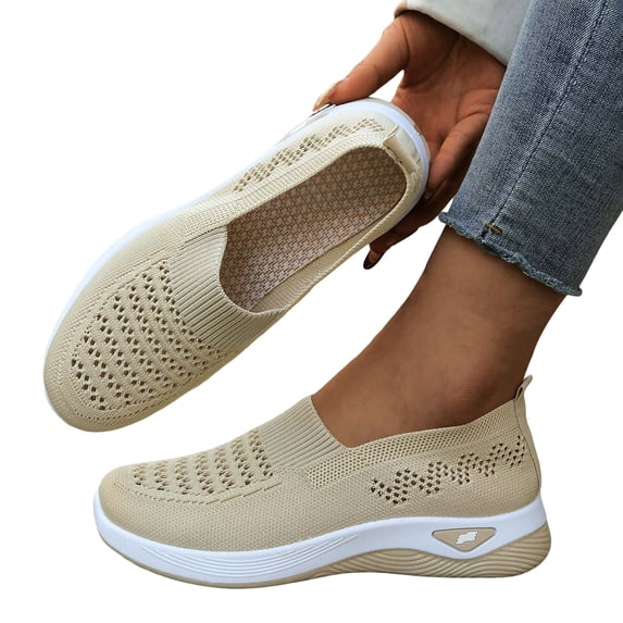 Rokment Womens Orthotic Walking Shoes with Arch Support Spring Fall Casual Knit Slip on Nursing Tennis Loafers Lightweight Comfortable Mesh Non Slip Work Sneakers for Woman White Size 9.5