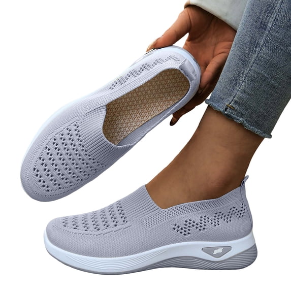 Rokment Womens Orthotic Walking Shoes with Arch Support Spring Fall Casual Knit Slip on Nursing Tennis Loafers Lightweight Comfortable Mesh Non Slip Work Sneakers for Woman Light Gray Size 7