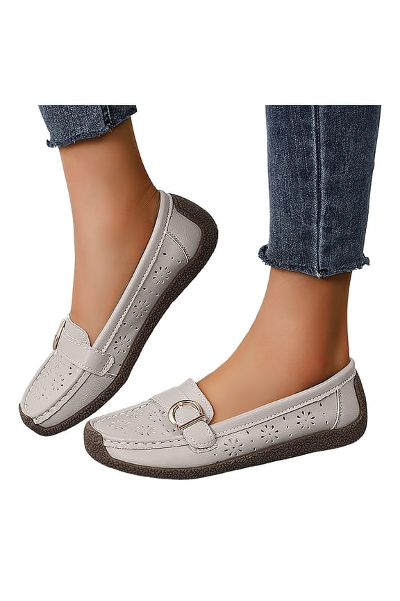Womens Oxfords Slip on Penny Loafers Dress Shoes Breathable Trendy Floral Hollow out Low Heel Orthopedic Walking Flat Casual Non Slip Work Sneakers Light Gray Size 6.5