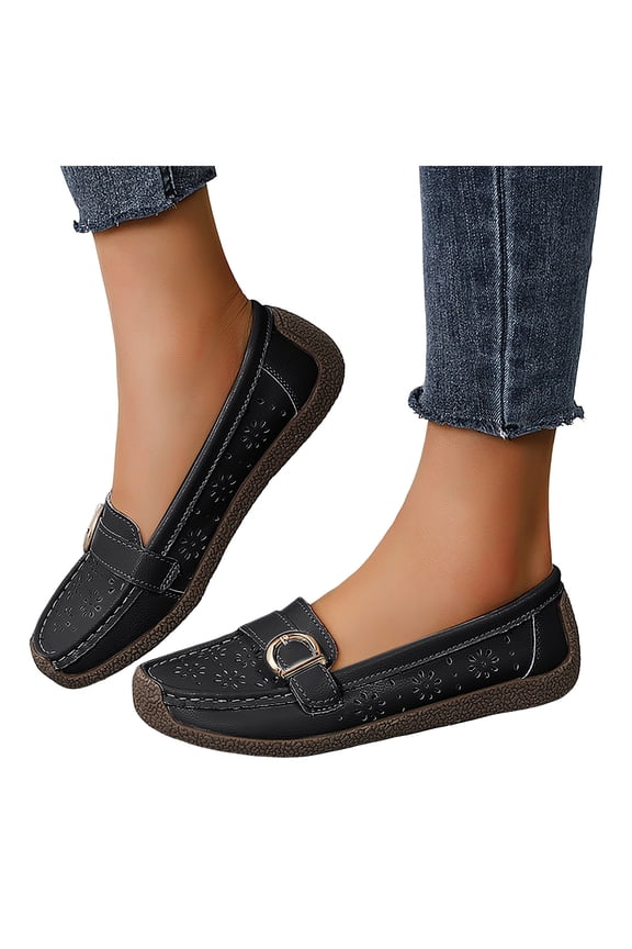 Womens Oxfords Slip on Penny Loafers Dress Shoes Breathable Trendy Floral Hollow out Low Heel Orthopedic Walking Flat Casual Non Slip Work Sneakers Black Size 10