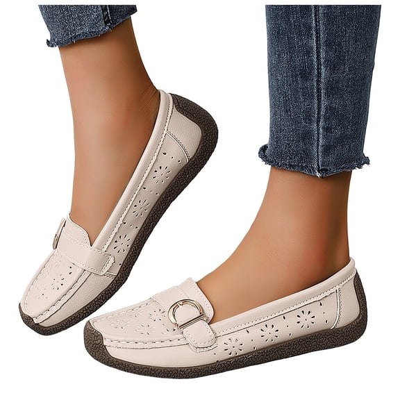 Rokment Womens Oxfords Slip on Penny Loafers Dress Shoes Breathable Trendy Floral Hollow out Low Heel Orthopedic Walking Flat Casual Non Slip Work Sneakers Beige Size 6