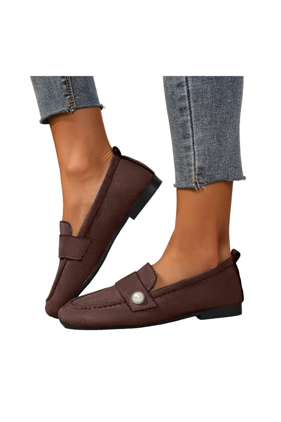 Womens Pearl Ballet Flat Boat Dress Shoes for Ladies Bride Wedding Spring Fall Trendy Casual Suede Low Heel Slip-On Penny Loafers Walking Shoes Brown Size 7.5