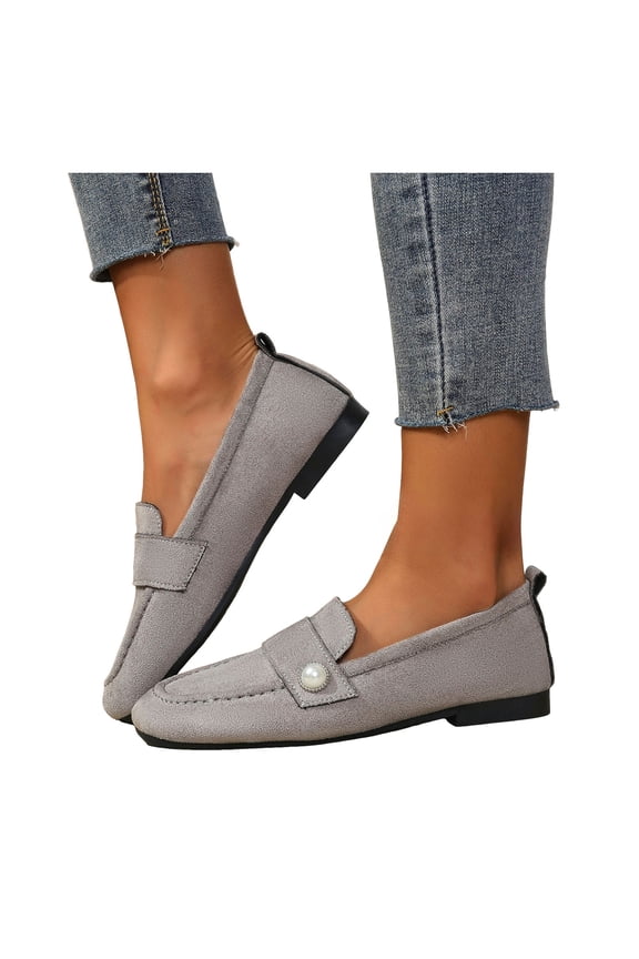 Womens Pearl Ballet Flat Boat Dress Shoes for Ladies Bride Wedding Spring Fall Trendy Casual Suede Low Heel Slip-On Penny Loafers Walking Shoes Grey Size 7.5