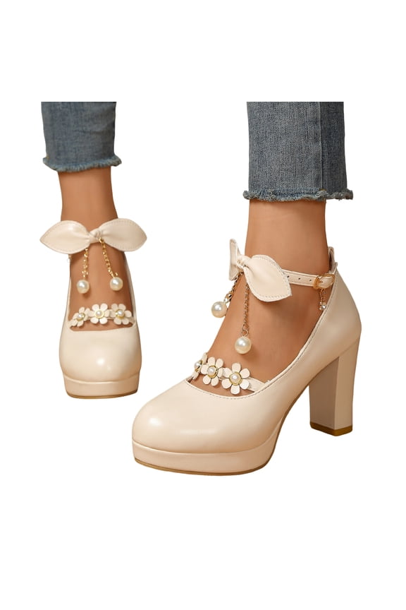 Womens Pearl Flower Platform Dressy Shoes Bridal Elegant Bow Leather Chunky Block High Heels Sparkly Rhinestones Dress Pumps for Ladies Wedding Fall Spring Beige Size 6
