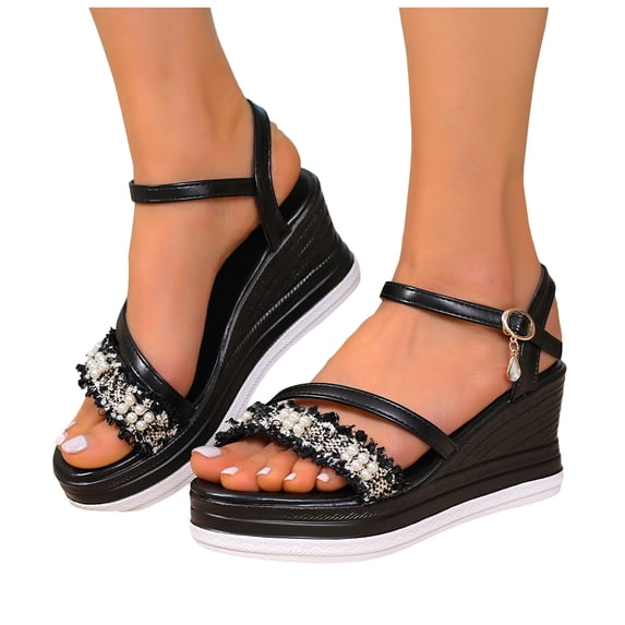 Rokment Womens Pearl Rhinestones Charms Platform Wedge Dressy Sandals Elegant Leather Chunky High Heels Bride Wedding Fashion Casual Dress Summer Shoes Black Size 6.5