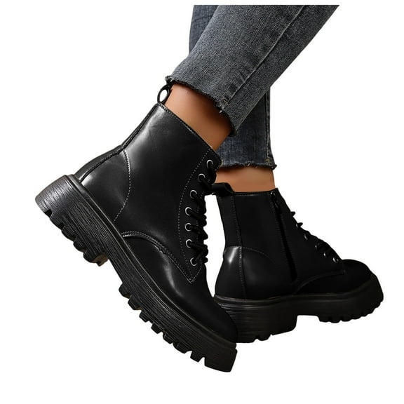 Rokment Womens Platform Ankle Booties Fall Winter Leather Lace up Chunky Mid Heel Zip up Short Combat Boots for Woman Black Size 6