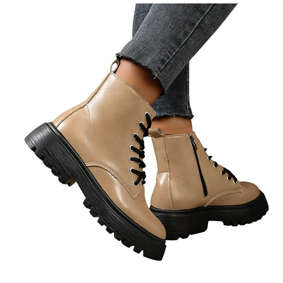 Rokment Womens Platform Ankle Booties Fall Winter Leather Lace up Chunky Mid Heel Zip up Short Combat Boots for Woman Khaki Size 9.5