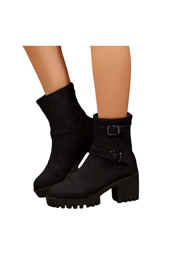 Womens Platform Chunky Block High Heel Mid Calf Dress Boots for Ladies Winter Spring Fashion Leather Buckles Lugs Sole Short Combat Ankle Booties Black Size 6