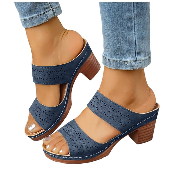 Rokment Womens Platform Chunky Block High Heels Dress Slides Sandals Boho Beach Summer Casual Leather Fish Mouth Open Toe Slip on Heeled Slippers for Ladies 2026 Blue Size 9