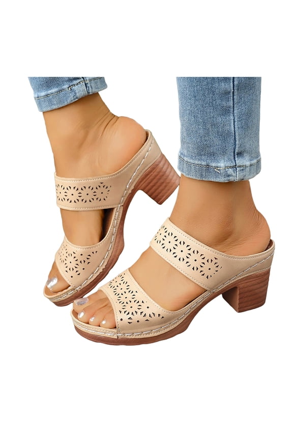 Womens Platform Chunky Block High Heels Dress Slides Sandals Boho Beach Summer Casual Leather Fish Mouth Open Toe Slip on Heeled Slippers for Ladies 2026 Beige Size 6