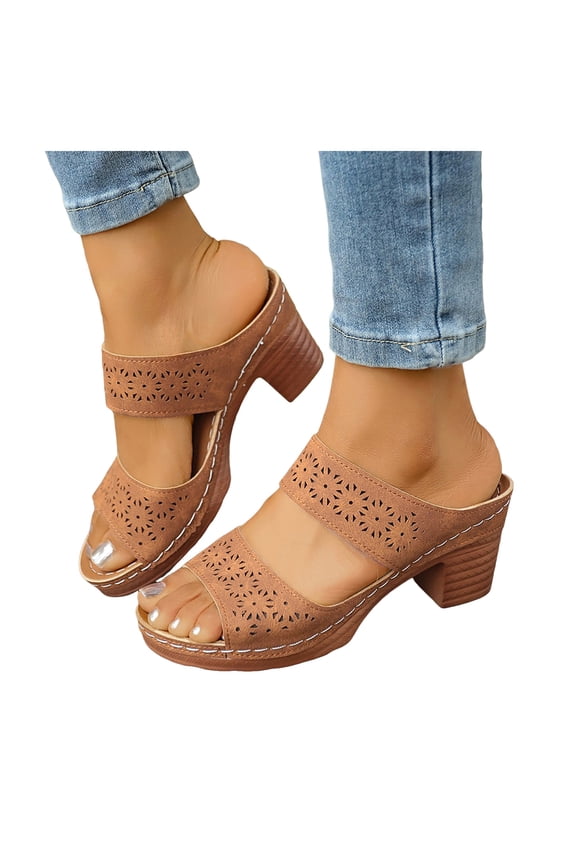 Womens Platform Chunky Block High Heels Dress Slides Sandals Boho Beach Summer Casual Leather Fish Mouth Open Toe Slip on Heeled Slippers for Ladies 2026 Khaki Size 6