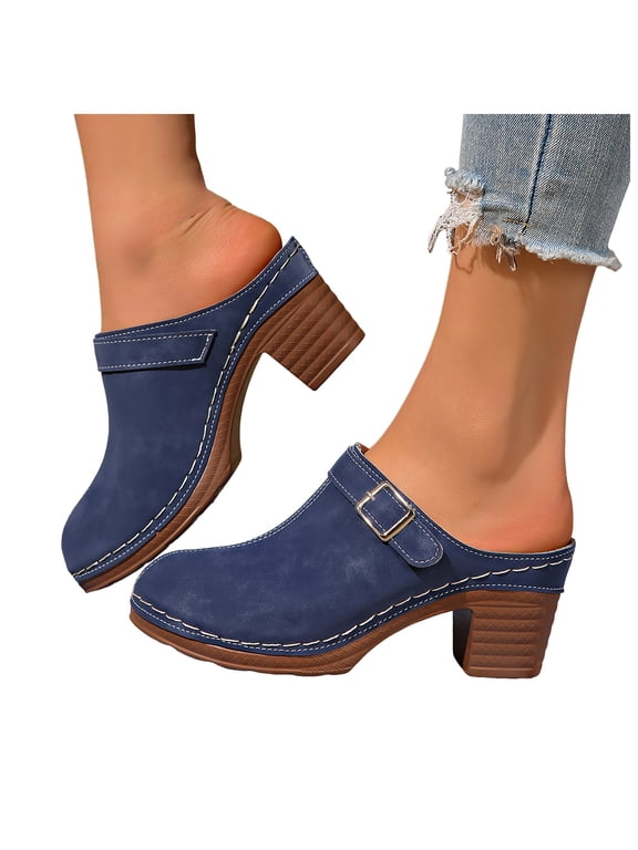Womens Platform Chunky Block High Heels Dressy Clogs and Mules Slip on Sandals 2026 Summer Fashion Casual Suede Closed Toe Buckles Heeled Ladies Dress Slides Blue Size 7