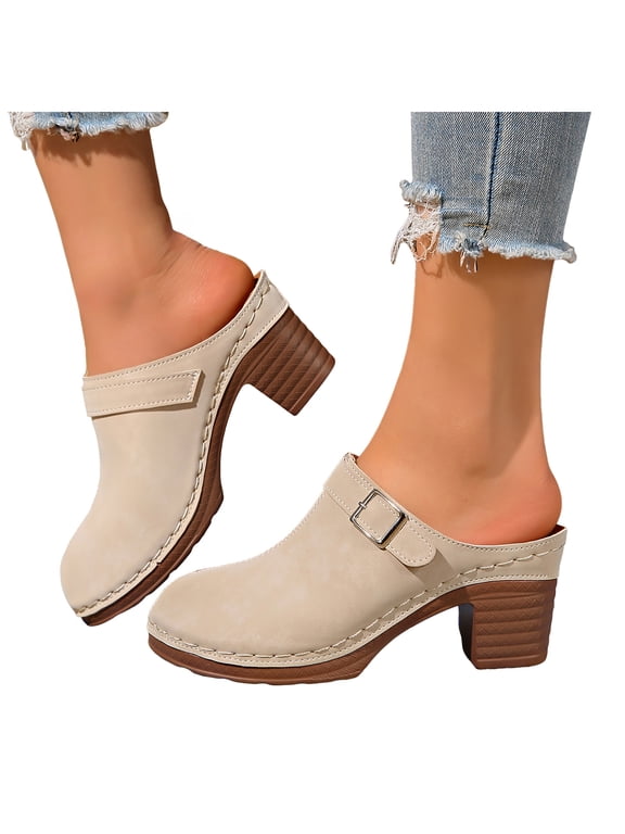 Womens Platform Chunky Block High Heels Dressy Clogs and Mules Slip on Sandals 2026 Summer Fashion Casual Suede Closed Toe Buckles Heeled Ladies Dress Slides Beige Size 9